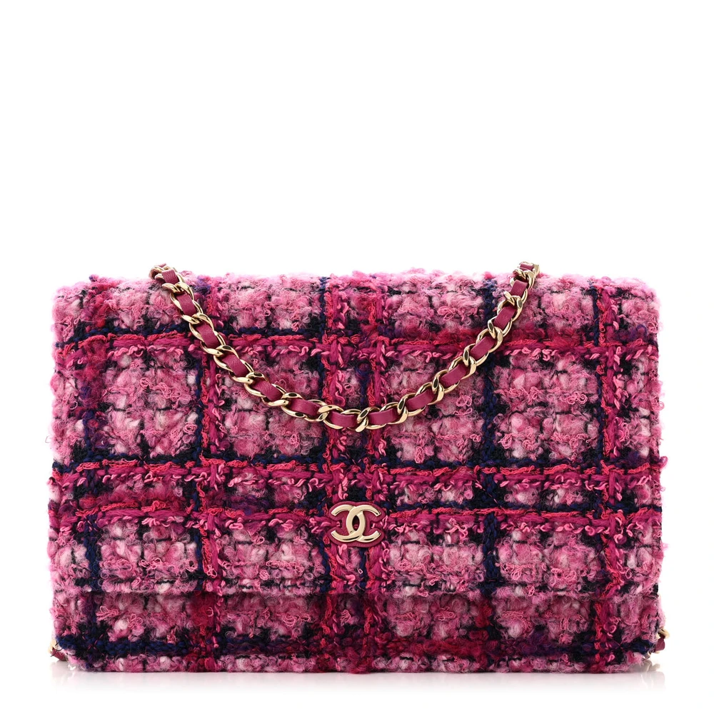 Lushentic Chanel Wallet On Chain (WOC) Small FuchsiaPurple Quilted Tweed Light Gold Hardware Front