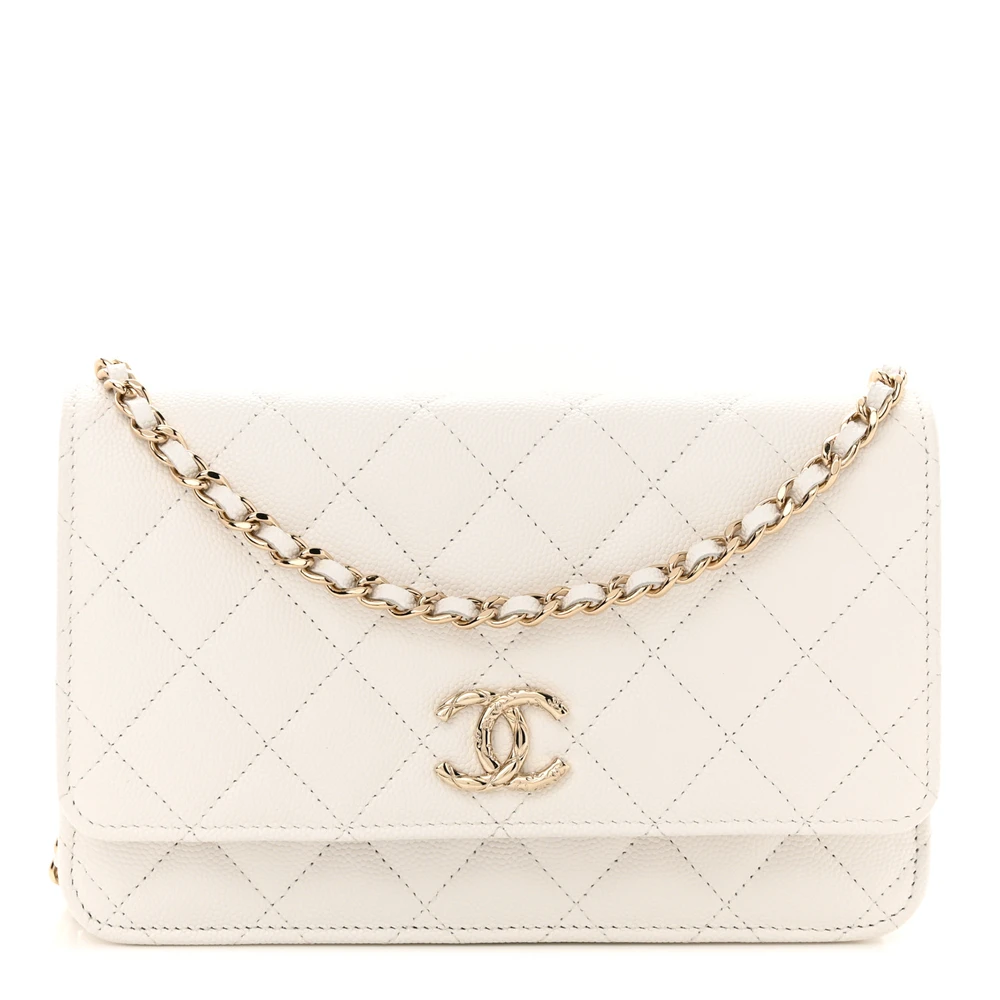 Lushentic Chanel Wallet On Chain (WOC) Small White Quilted Caviar Leather Light Gold Hardware Front