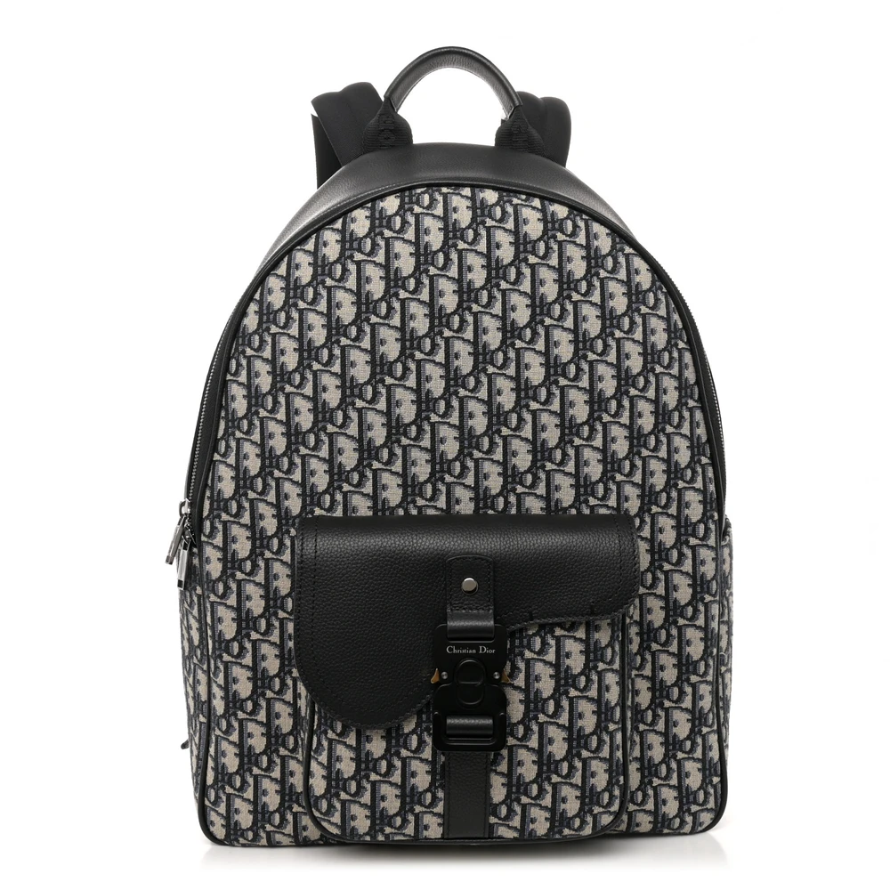Lushentic Dior Large Saddle Zip Backpack Black Oblique Canvas & Grained Calfskin Leather Silver Hardware Front