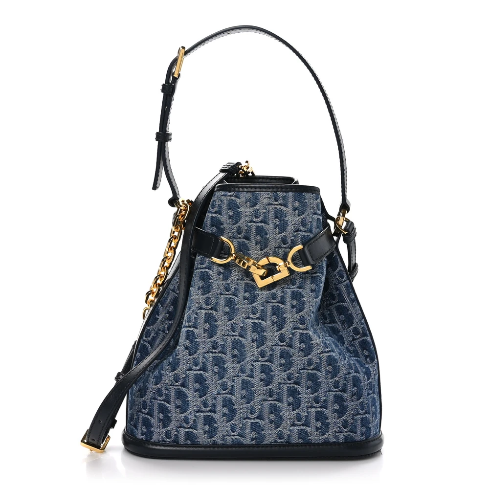 Lushentic Dior Medium C_est Chain Bucket Bag Blue Oblique Canvas Gold Hardware Front