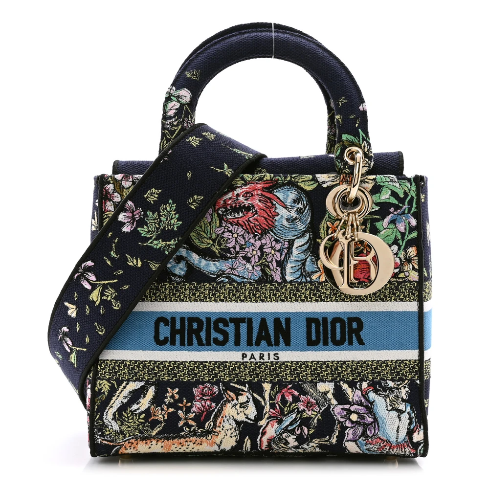 Lushentic Dior Medium D-Constellation Lady D-Lite Blue Multicolor Embroidered Canvas Gold Hardware Front