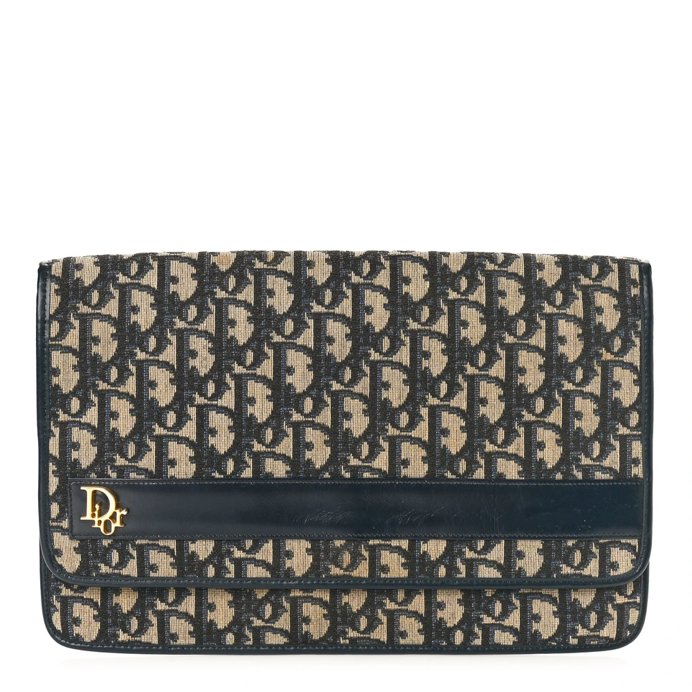 Lushentic Dior Medium Flap Clutch Navy Blue Monogram Canvas Gold Hardware Front