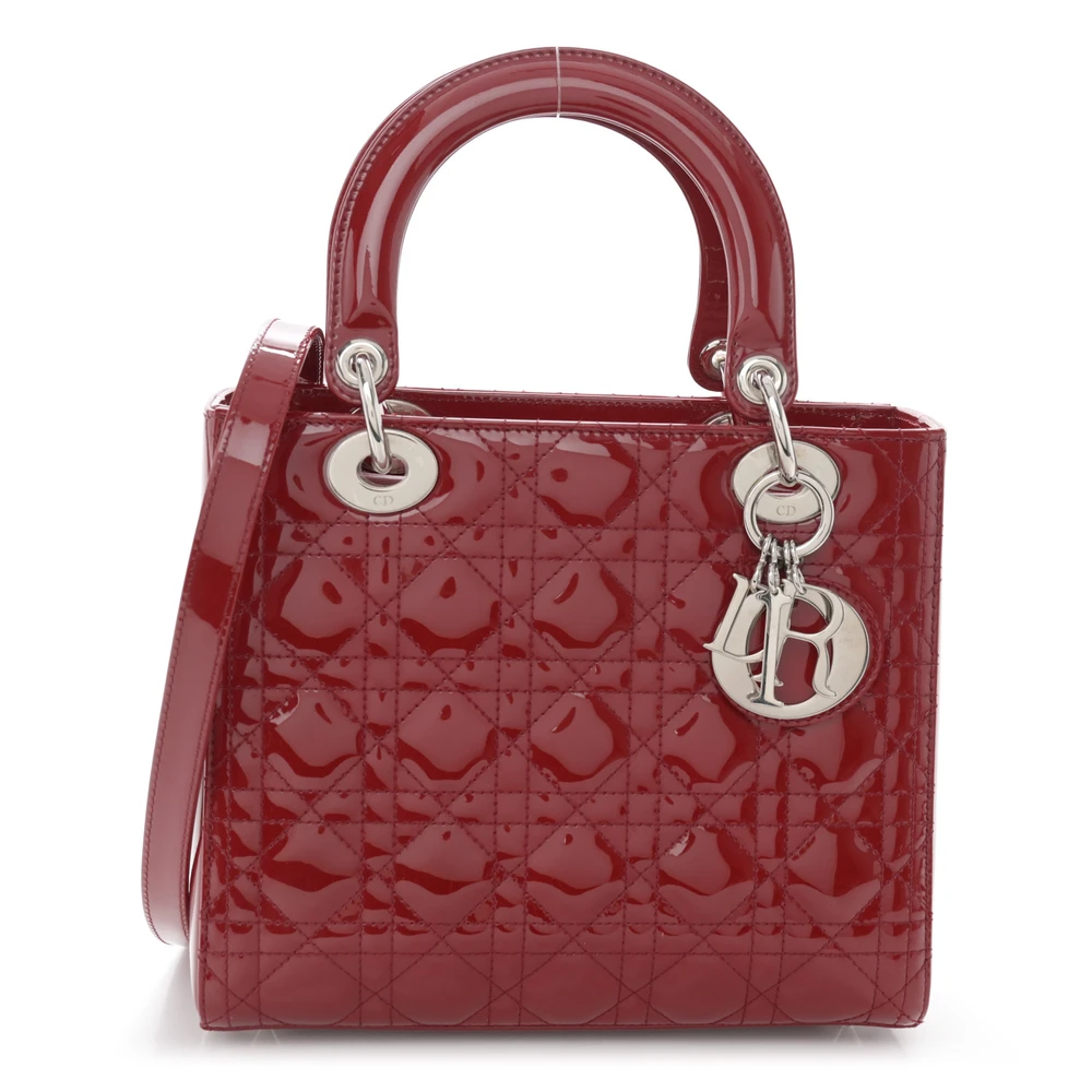 Lushentic Dior Medium Lady Dior Dark Red Patent Cannage Calfskin Leather Silver Hardware Front