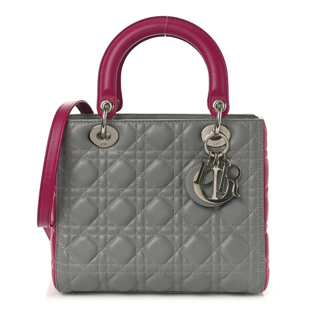 Lushentic Dior Medium Lady Dior GreyFuchsia Cannage Lambskin Leather Silver Hardware Front