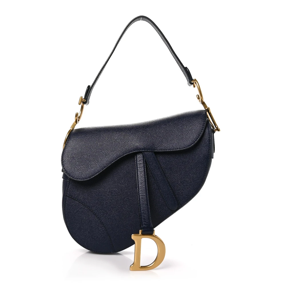 Lushentic Dior Medium Saddle Bag Navy Blue Grained Calfskin Leather Gold Hardware Front