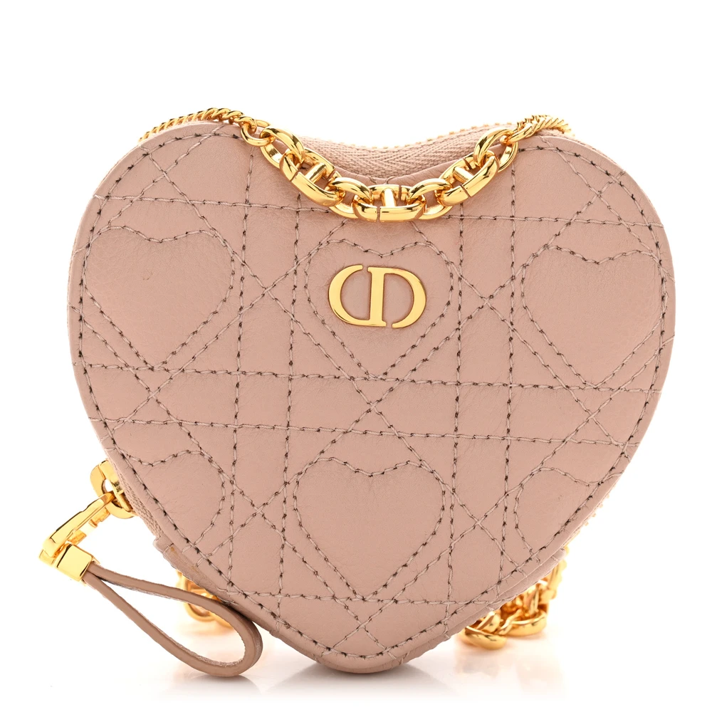 Lushentic Dior Mini Dioramour Caro Heart Pouch With Chain Rose Des Vents Cannage Calfskin Leather Gold Hardware Front
