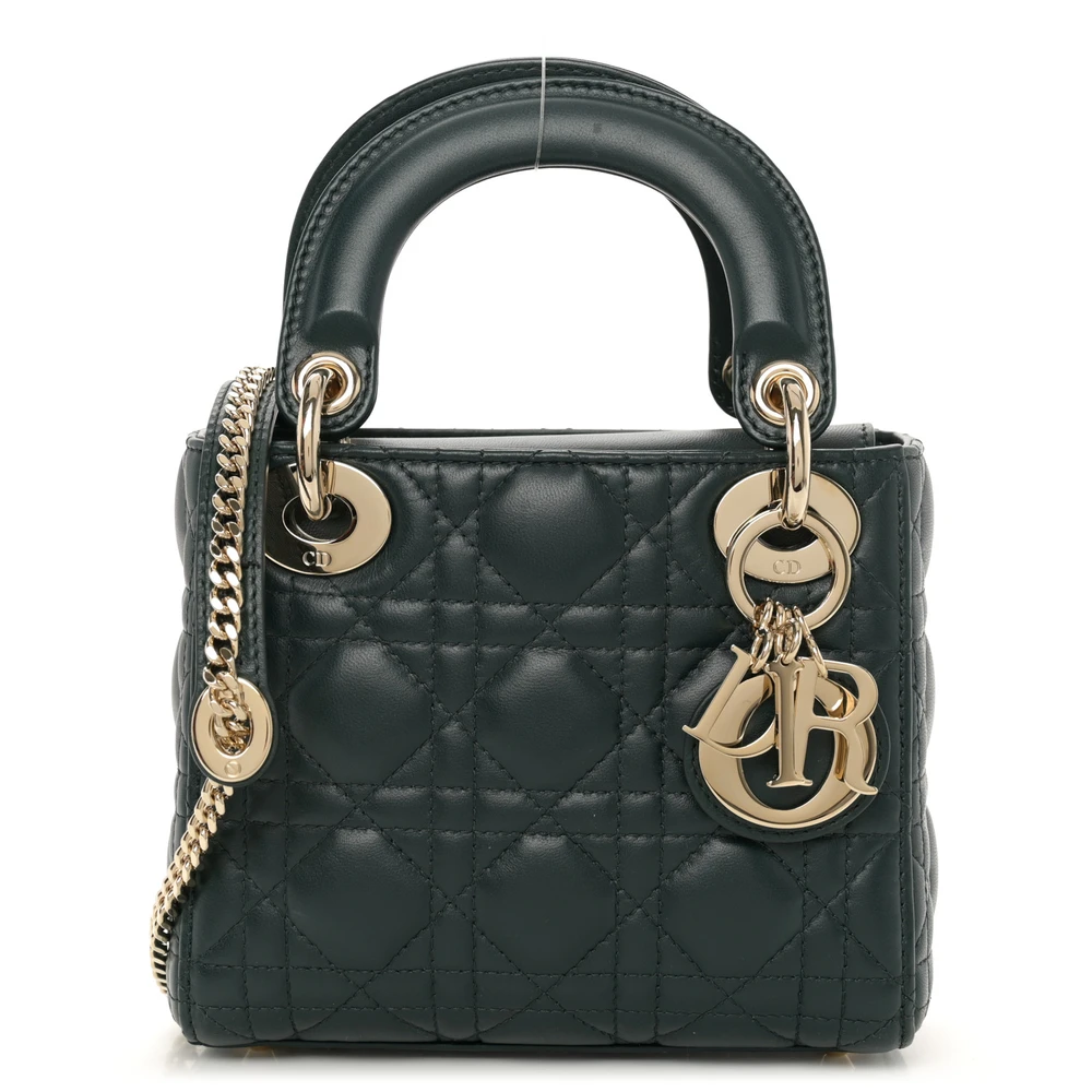 Lushentic Dior Mini Lady Dior Dark Green Cannage Lambskin Leather Light Gold Hardware Front