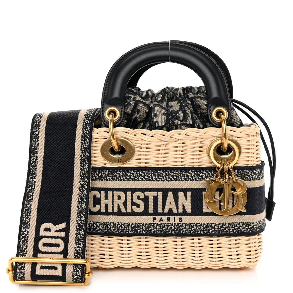 Lushentic Dior Mini Lady Dior Wicker & Blue Oblique Canvas Gold Hardware Front