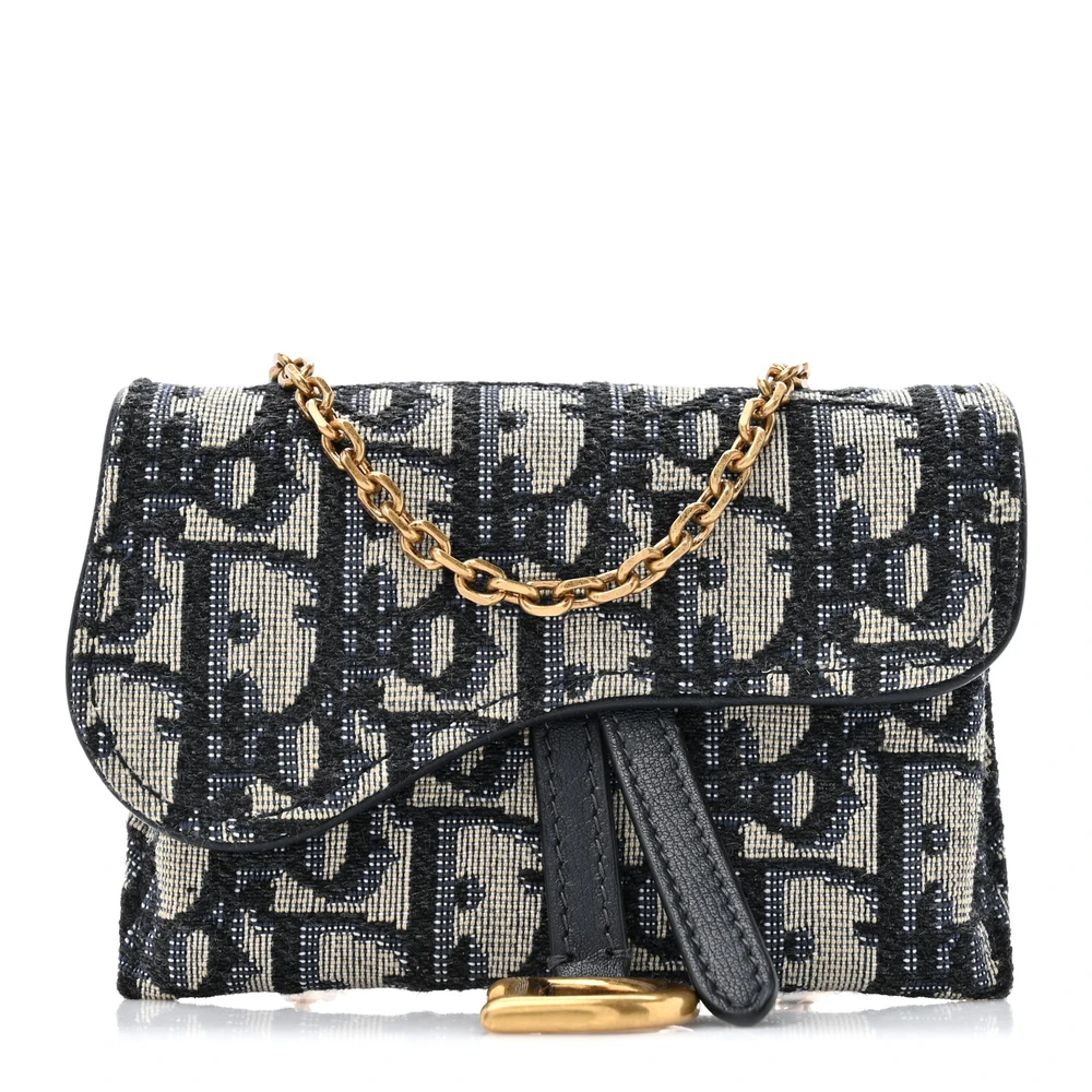 Lushentic Dior Nano Saddle Chain Pouch Blue Oblique Canvas Gold Hardware Front