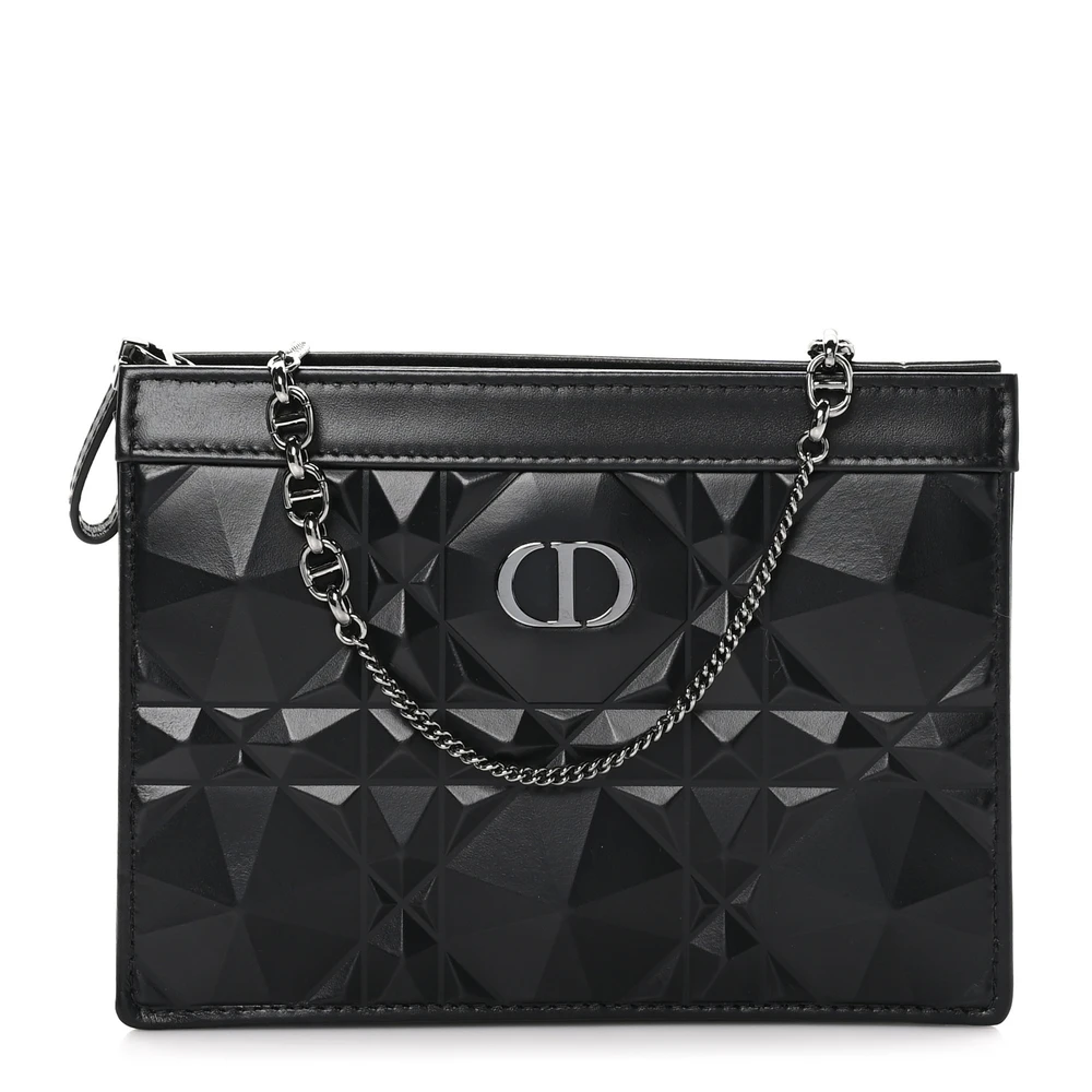Lushentic Dior Small Caro Zipped Pouch With Chain Black Diamond Macrocannage Calfskin Leather Silver Hardware Front