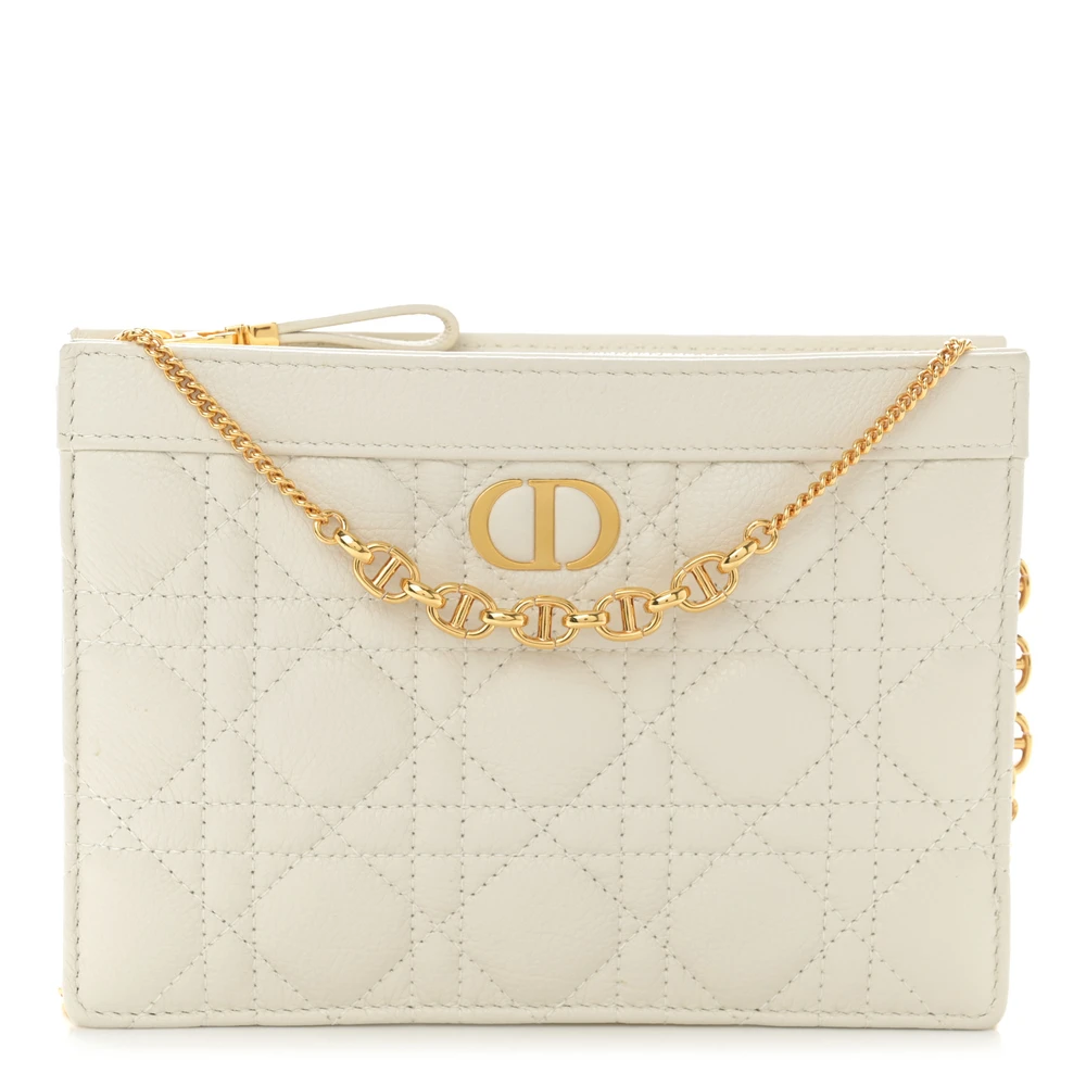 Lushentic Dior Small Caro Zipped Pouch With Chain Latte Cannage Calfskin Leather Gold Hardware Front