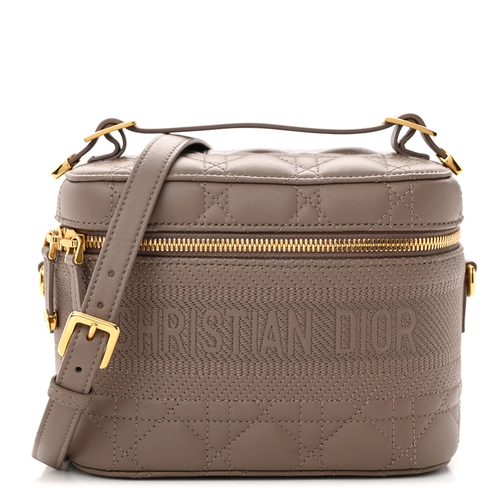 Lushentic Dior Small DiorTravel Vanity Case Warm Taupe Cannage Lambskin Leather Gold Hardware Front