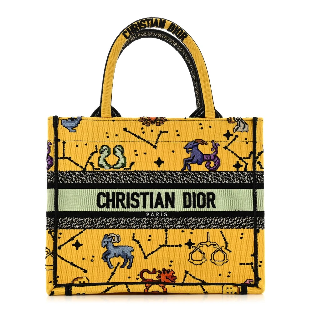 Lushentic Dior Small Pixel Zodiac Book Tote Yellow Multicolor Embroidered Canvas Front