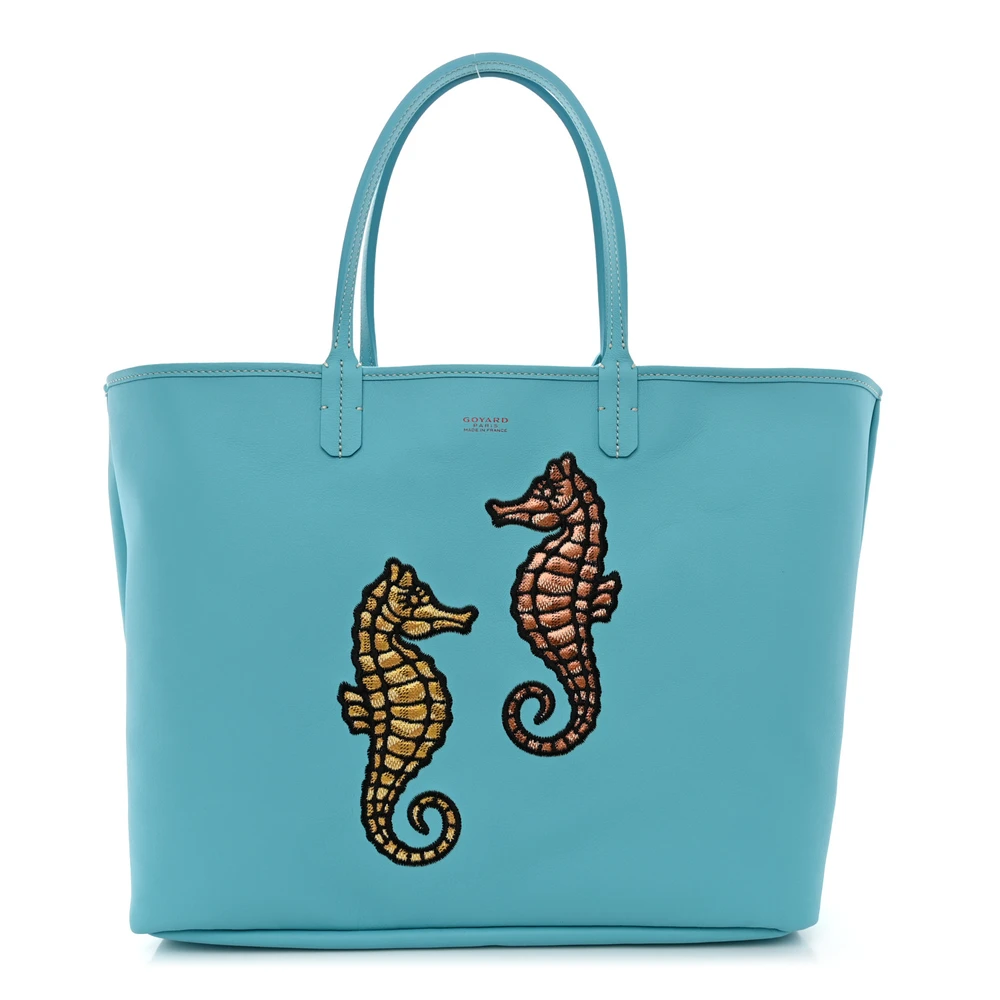 Lushentic Goyard Embroidered Seahorse Reversible Anjou Tote PM Turquoise Goyardine Canvas Front