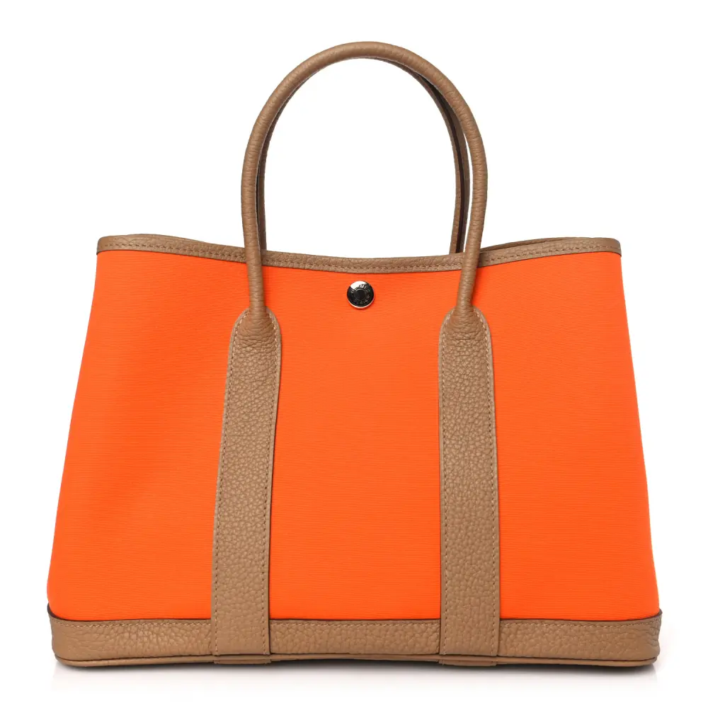 Lushentic Hermès Garden Party 36 MM OrangeChai Toile Militaire Canvas & Vache Country Leather Front