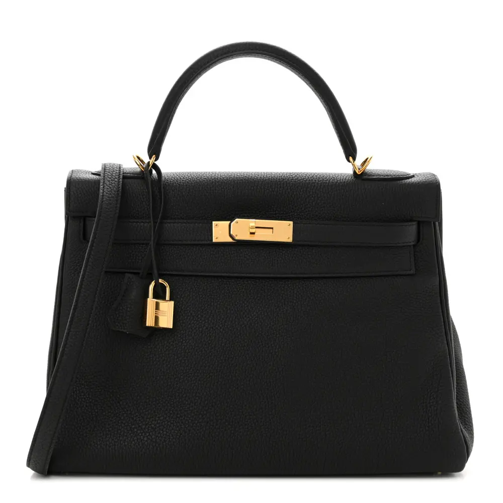 Lushentic Hermès Kelly Retourne 32 Black Togo Leather Gold Hardware Front