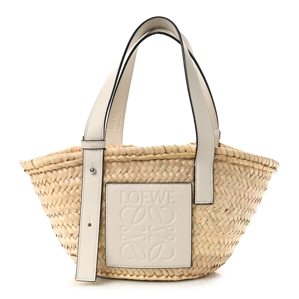 Lushentic Loewe Basket Tote Bag Small NaturalWhite Raffia & Calfskin Leather Front