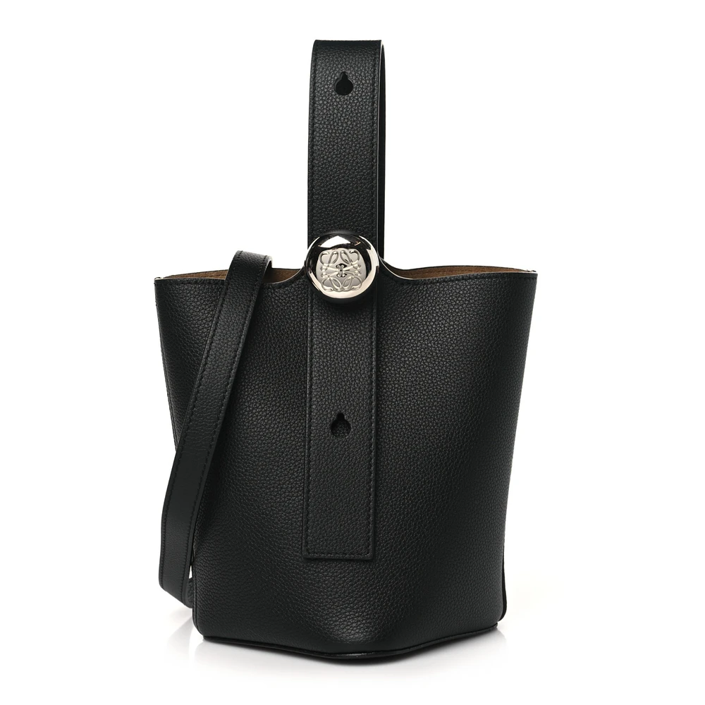Lushentic Loewe Pebble Bucket Bag Mini Black Soft Grained Calfskin Leather Palladium Hardware Front