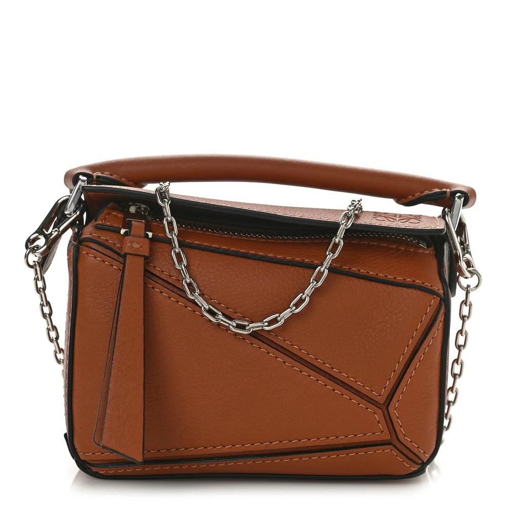 Lushentic Loewe Puzzle Bag Nano Tan Calfskin Leather Silver Hardware Front