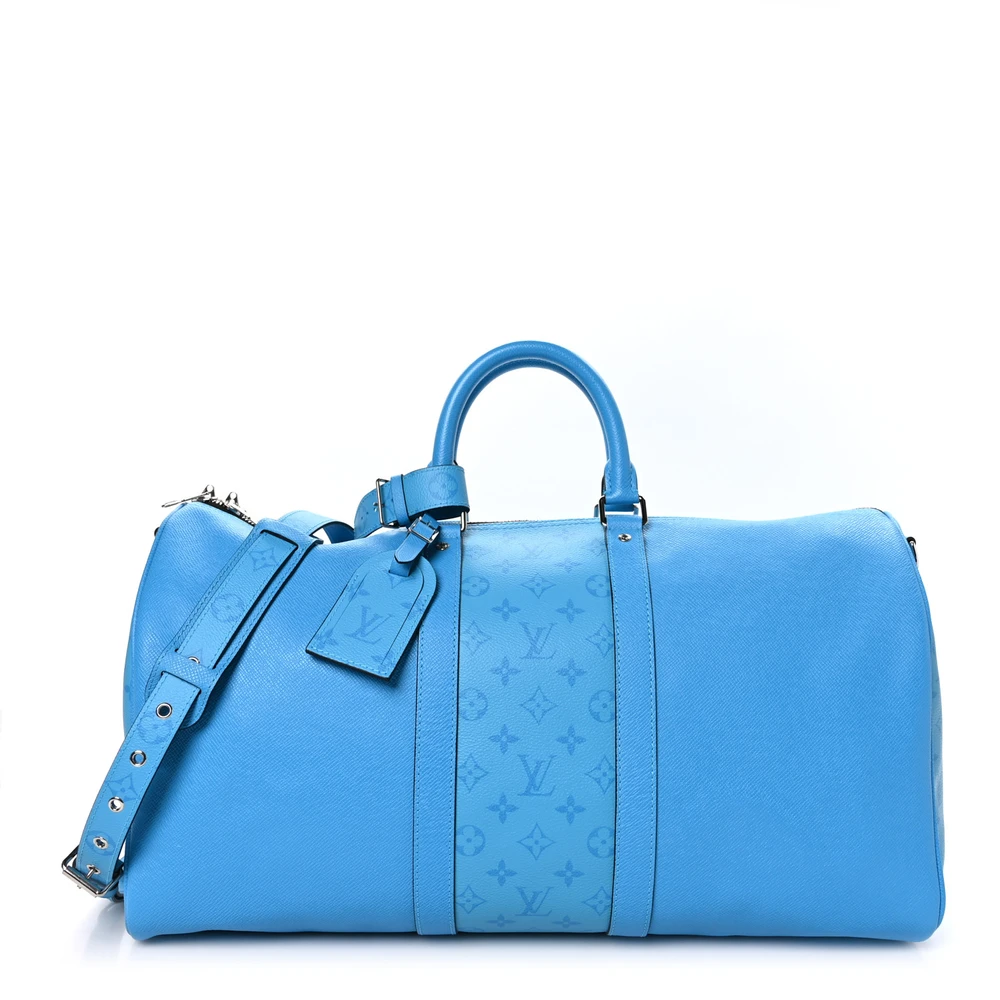 Lushentic Louis Vuitton Keepall Bandouliere 50 Blue Lagoon Taiga Leather & Monogram Eclipse Canvas Silver Hardware Front