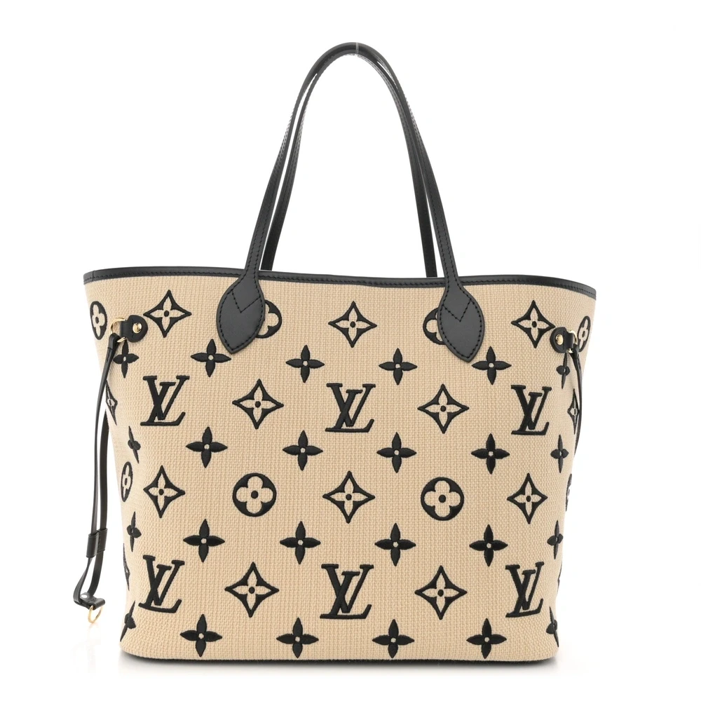 Lushentic Louis Vuitton Neverfull MM Beige_Black Monogram Embroidered Cotton Front