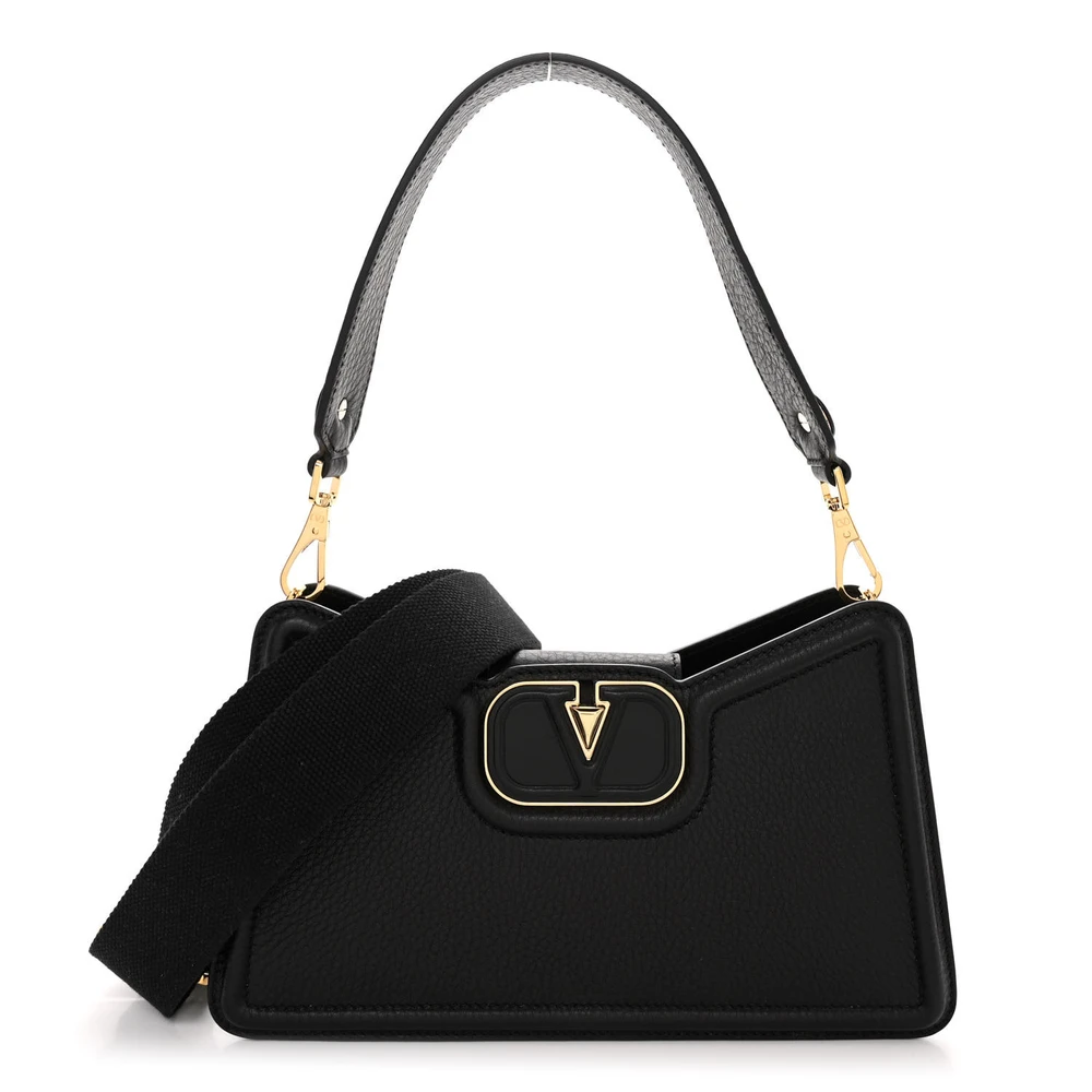 Lushentic Vlogo Signature Shoulder Bag in Black Calfskin Leather